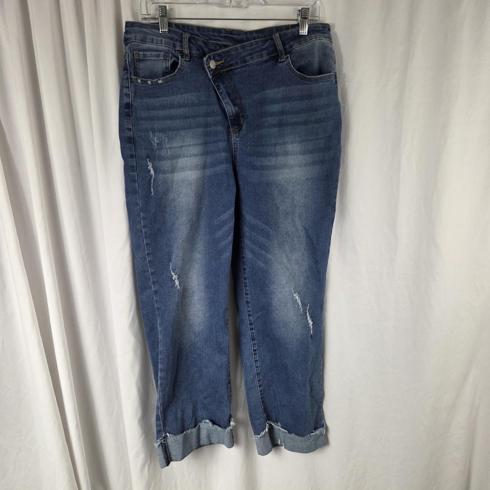 Jeans Jeans Womens 1XL Blue Medium Wash High Rise Boyfriend Cuffed Distressed